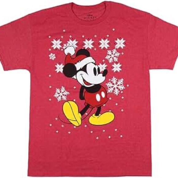 Disney Red Mickey Mouse Snowflake Kids Tee - Picture 1 of 4